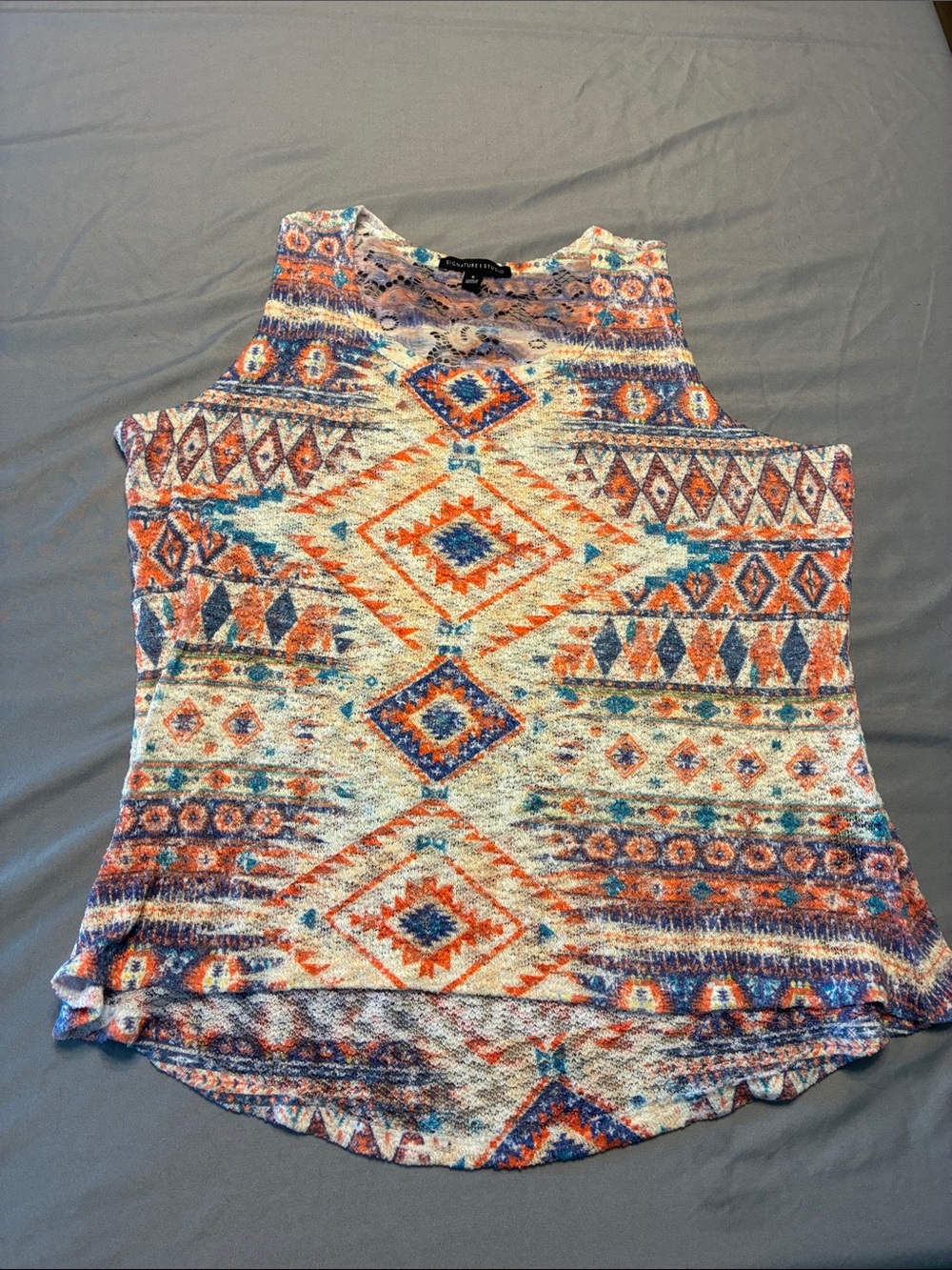 Signature Studio Geometric Aztec Tank in Orange, Blue and Cream